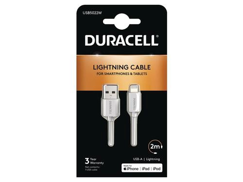 [DURACELLUSB5022W2MUS] Cable Duracell USB5022W, 2 m, USB A vers Lightning, Blanc, Droit, Droit